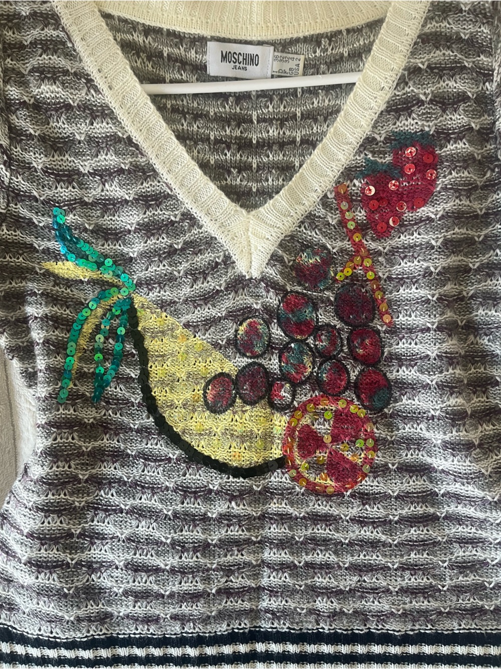 Moschino Gray Striped Knit Tank with Colorful Sequin Fruit Motif - Picture 2 of 3